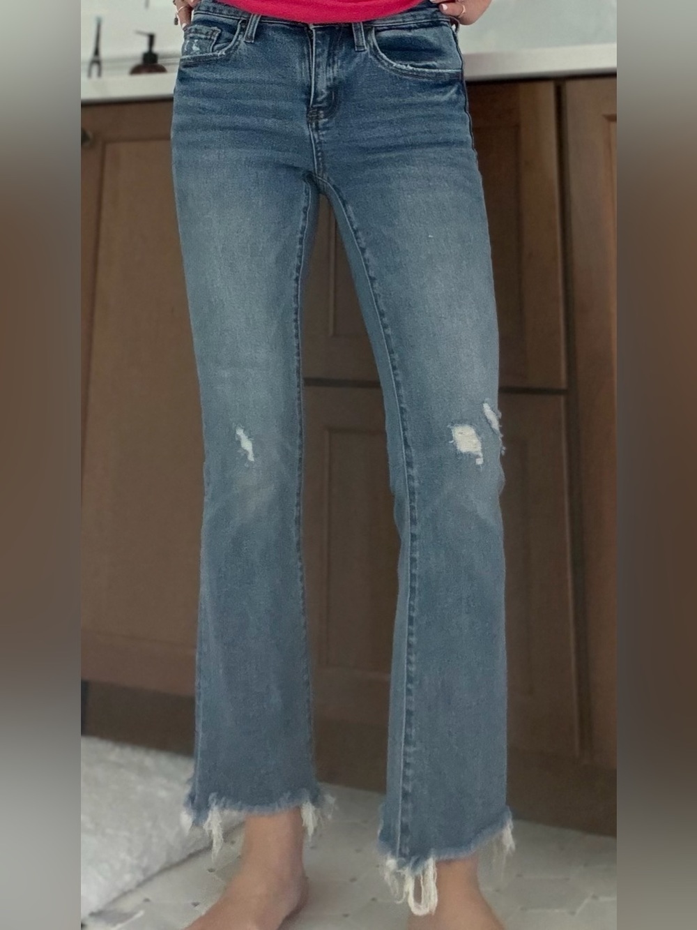 Lovervet - Women's Distressed Mid-Blue Cropped Flare Jeans, size 24/0